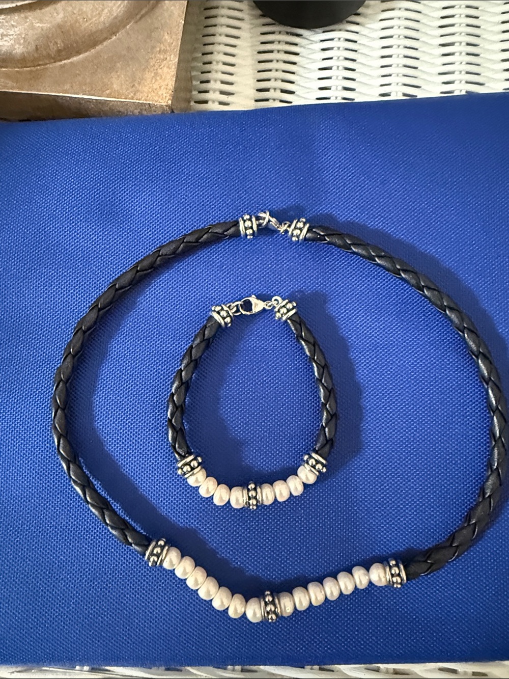 925 silver Braided Black Leather Necklace & Bracelet Set with pearl beads